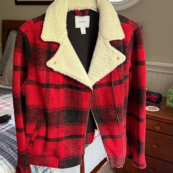 Old Navy Women's Red and Black Plaid Teddy Jacket - Picture 1 of 5